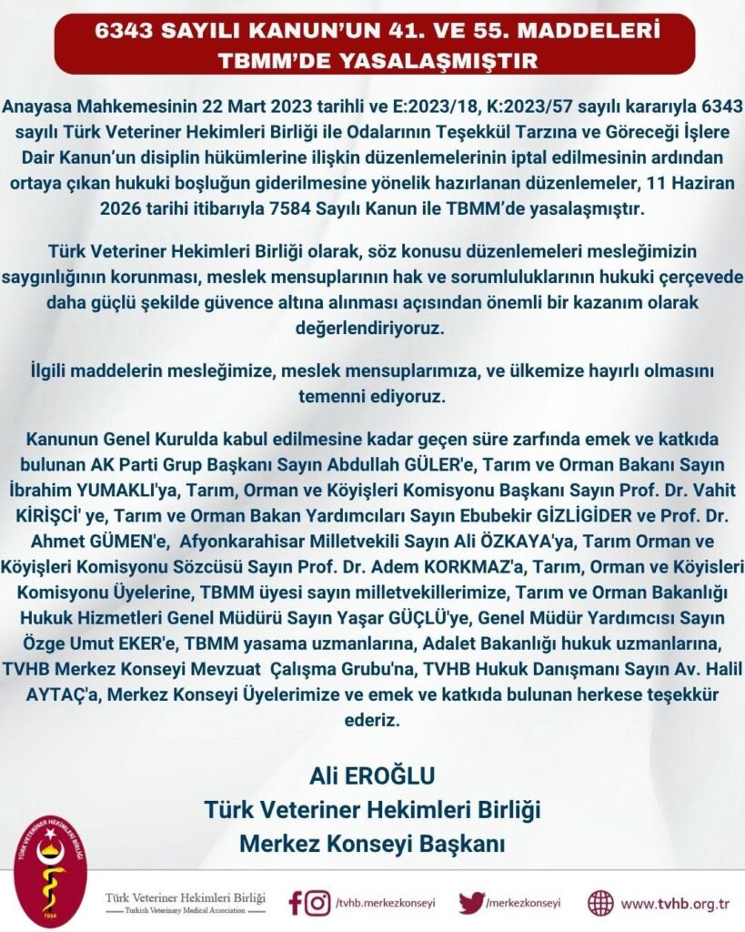 Türk Veteriner Hekimleri Birliğinden Özkaya’ya Teşekkür