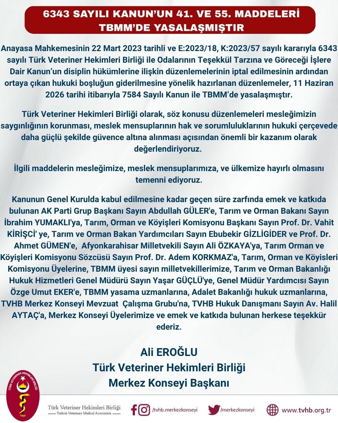 Türk Veteriner Hekimleri Birliğinden Özkaya’ya Teşekkür